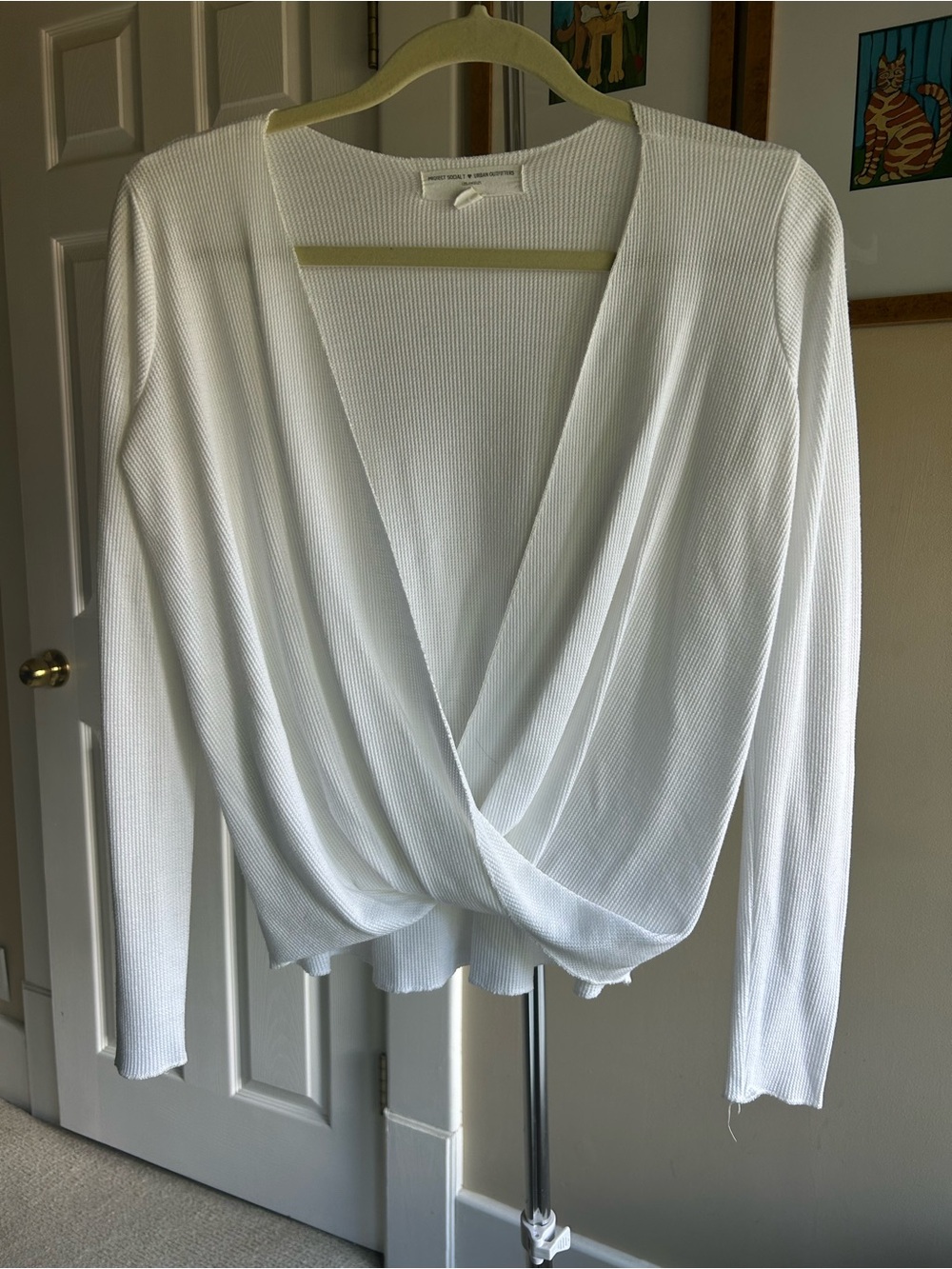 Very flattering Project Social T White Ribbed Wrap-Front Long Sleeve Top. Small